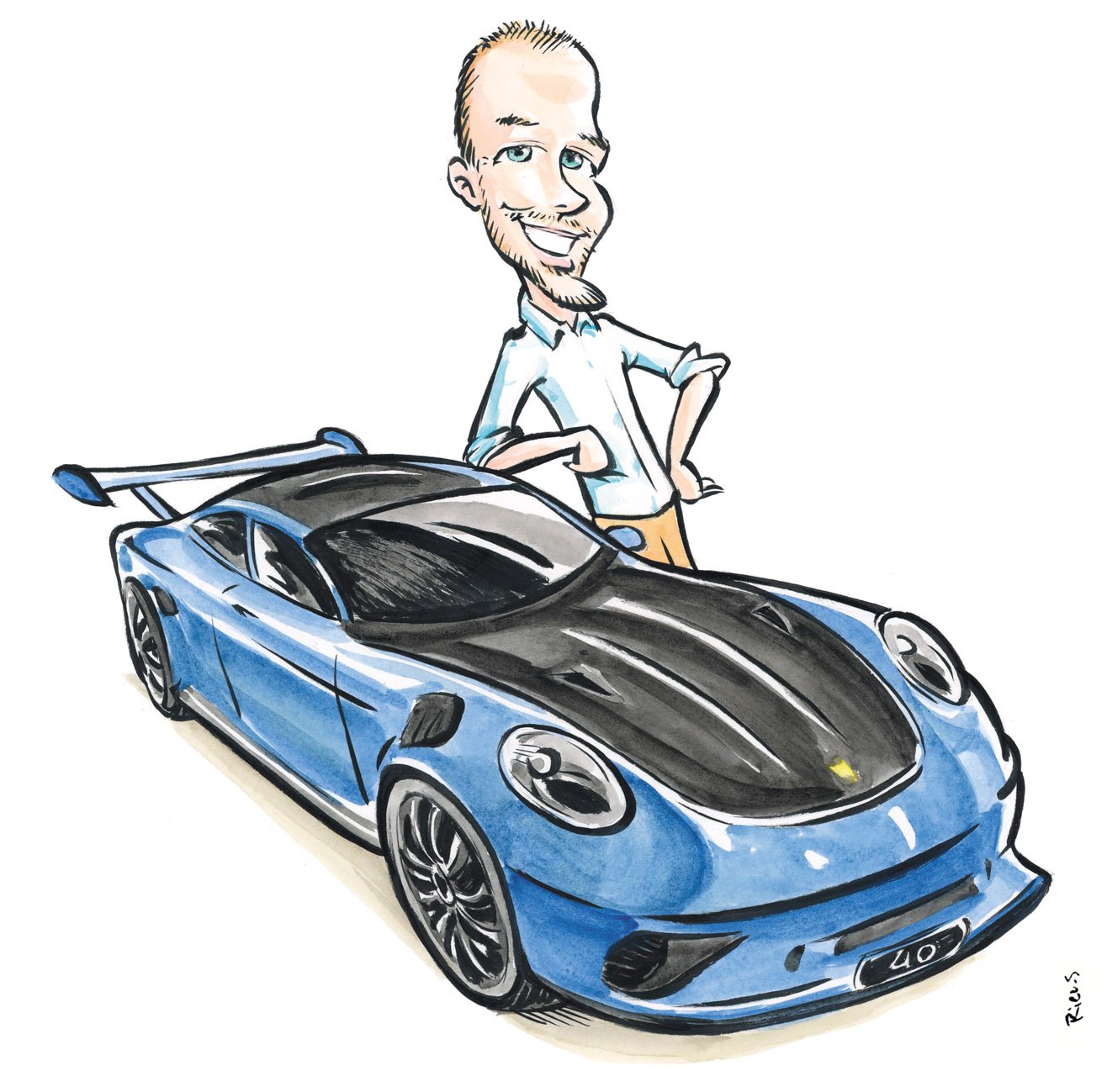 Watercolour caricature of a Porsche 911 GT3 RS, original drawing by Sébastien Rieu