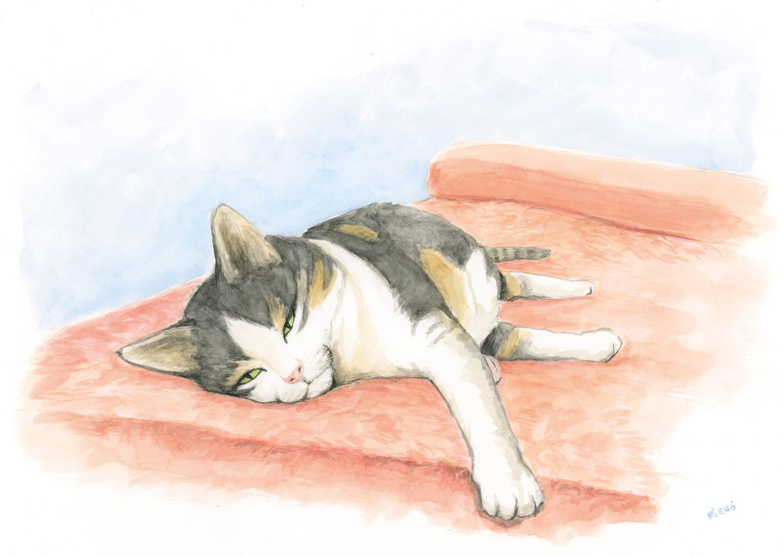Realistic hand-painted watercolour of a resting cat