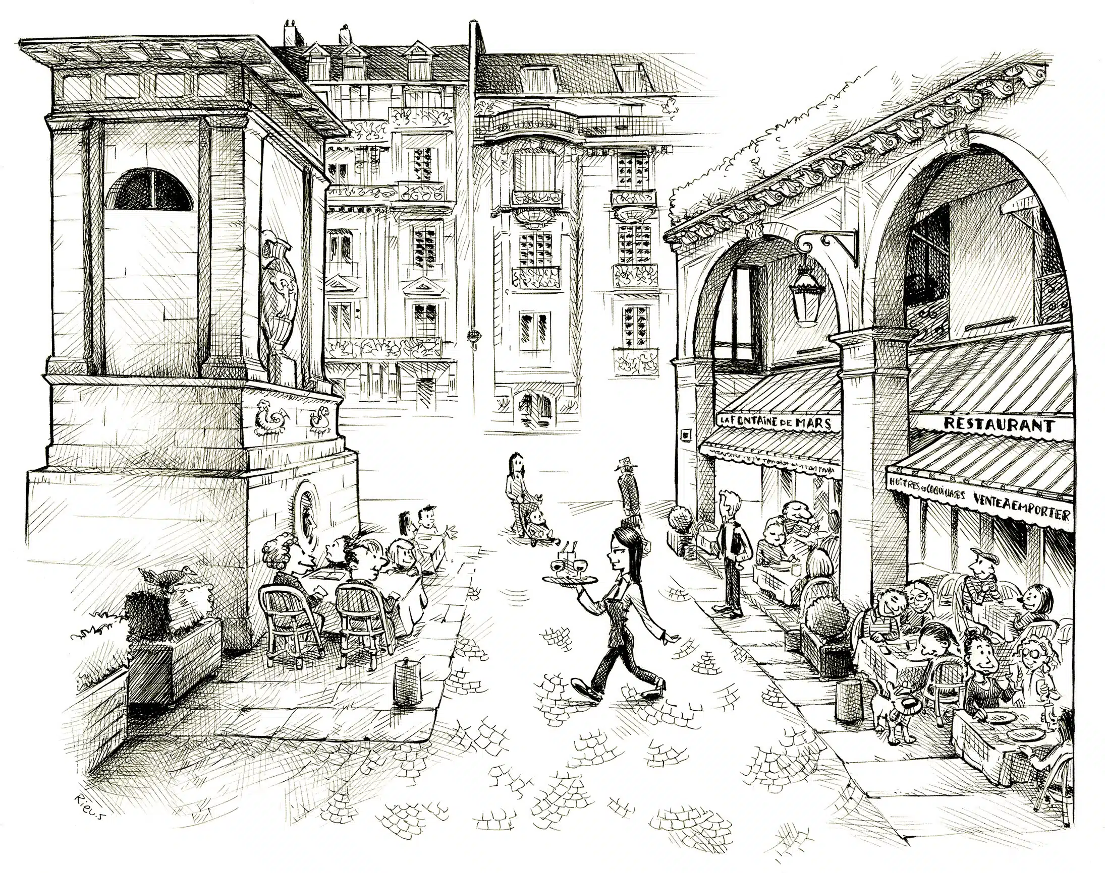 La Fontaine de Mars Paris — Indian ink by Sébastien Rieu