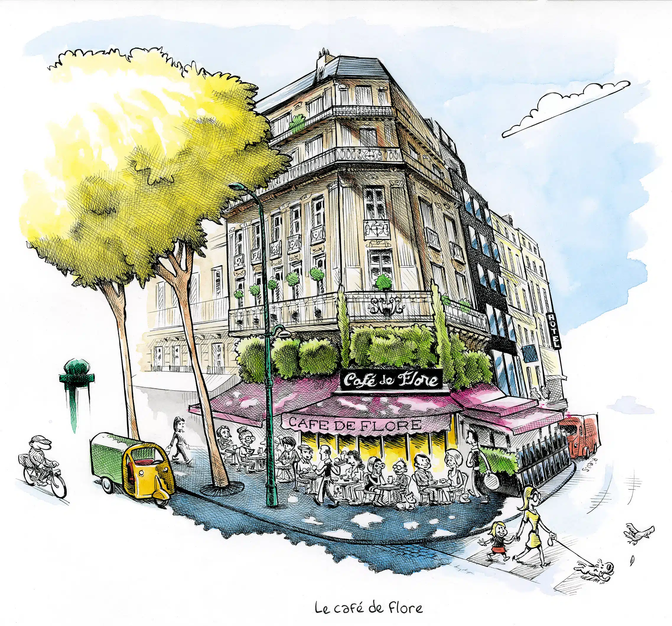 Café de Flore Paris — watercolour by Sébastien Rieu