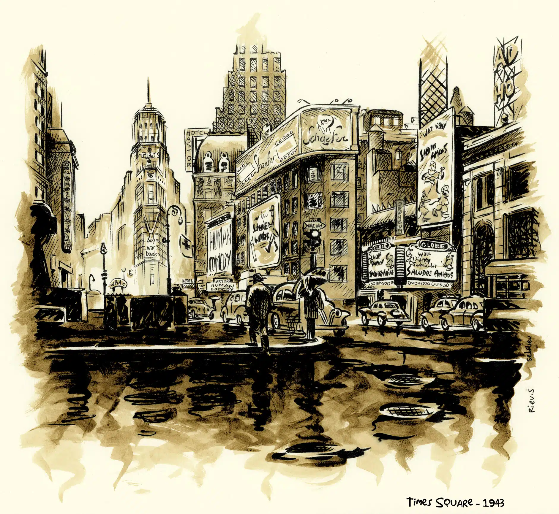 Times Square New York 1943 — sepia ink Sébastien Rieu
