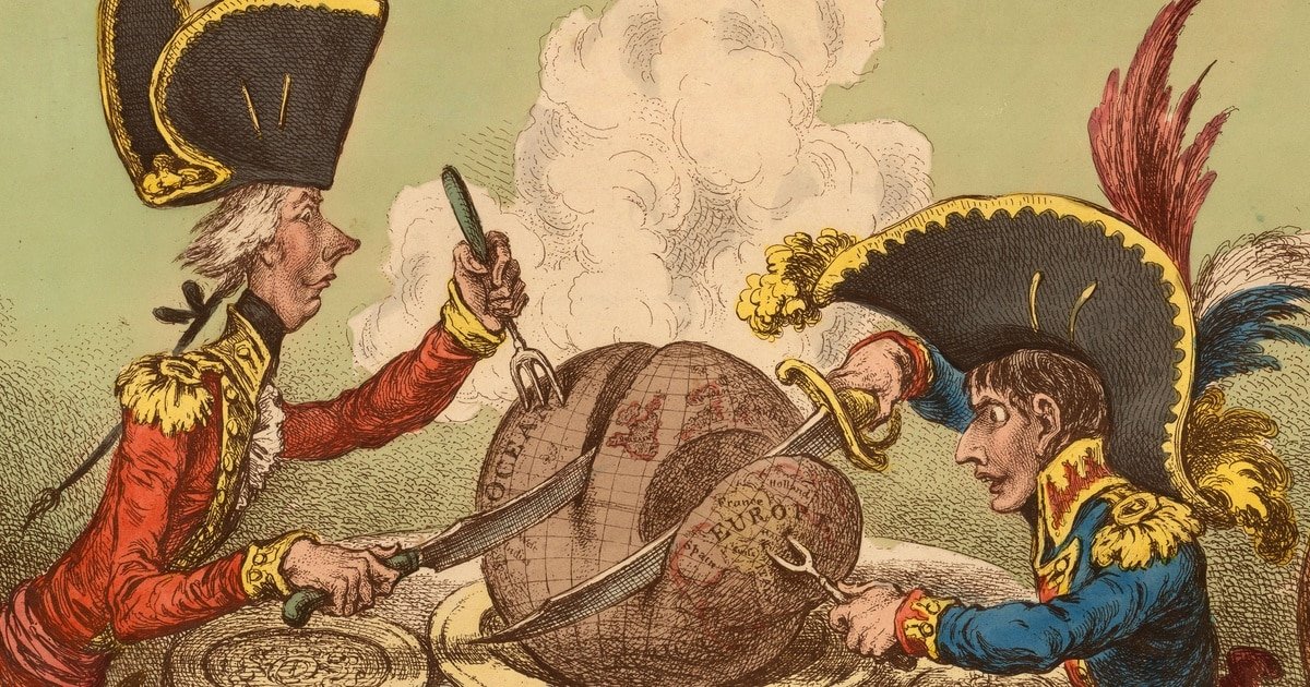 The Plumb-pudding in danger (1805) by James Gillray — Napoleon and Pitt carving the world